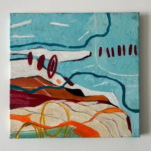 May include: Abstract painting on canvas with a textured surface. The artwork features a turquoise sky, white clouds, and a landscape with orange, red, and yellow shapes. Dark blue and red lines add definition to the composition.