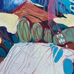 May include: Abstract acrylic painting on canvas. The artwork features a landscape with a mountain range in shades of orange and brown, green rounded shapes, and a white textured foreground. The sky is a mix of blue and turquoise with pink accents.