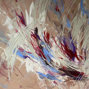 May include: Abstract painting with a beige background and dynamic brushstrokes in white, red, blue, and purple. The artwork features a textured, layered effect, creating a sense of movement and depth. The style is expressive and modern.