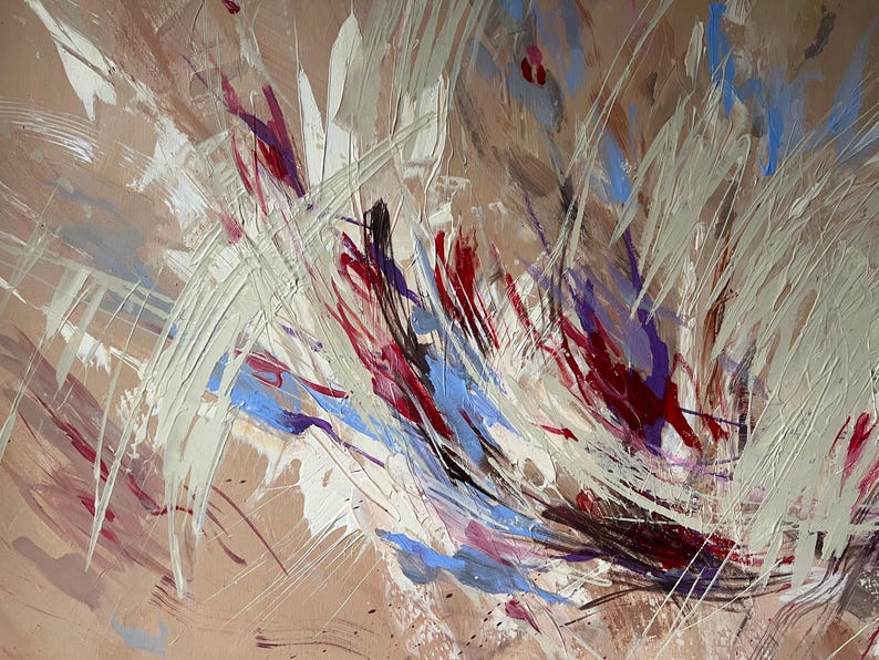 May include: Abstract painting with a beige background and dynamic brushstrokes in white, red, blue, and purple. The artwork features a textured, layered effect, creating a sense of movement and depth. The style is expressive and modern.