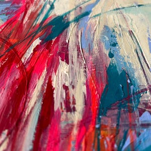 May include: Abstract painting with thick brushstrokes in shades of red, pink, teal, and blue on a cream-colored background. The textured paint creates a dynamic and expressive artwork.