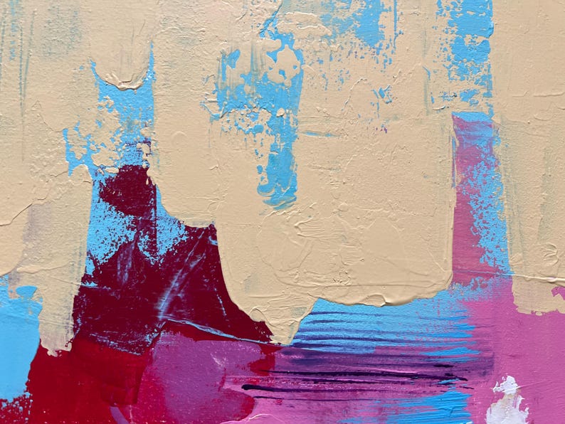 May include: Abstract painting with thick brushstrokes in beige, light blue, red, and pink. The textured artwork features layered paint, creating a dynamic and colorful composition. The piece has a modern, expressive style.