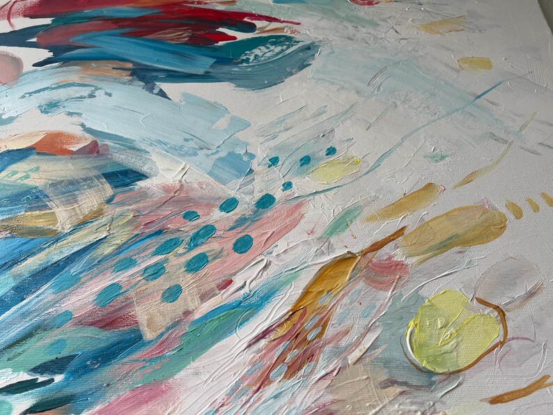 Pintura abstrata original em acrílico | Arte de parede contemporânea em tons de vermelho e turquesa (80 x 100 cm) imagem 15