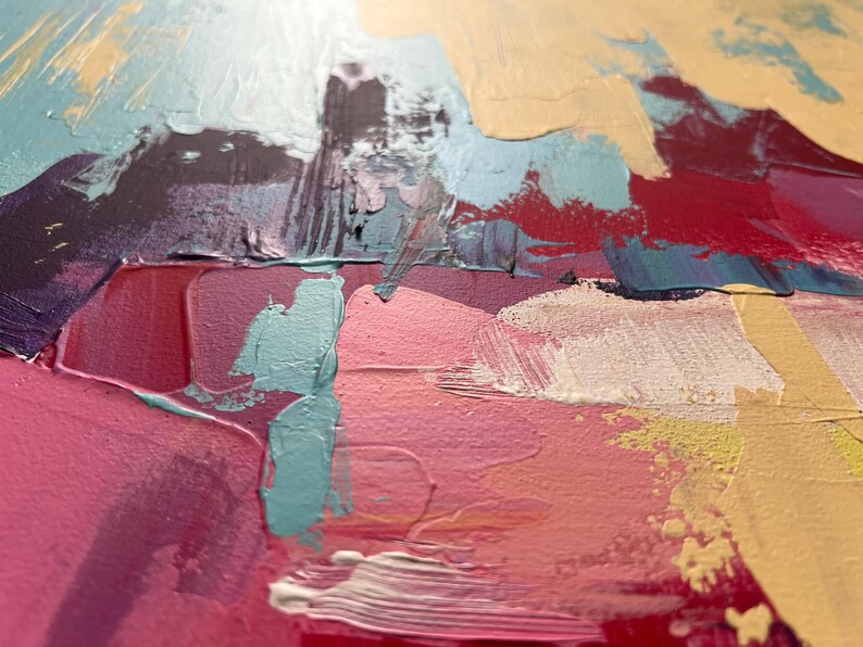May include: Abstract painting with thick brushstrokes in shades of pink, teal, purple, and beige. The artwork features a textured surface with visible paint layers, creating a dynamic and colorful composition. The style is modern and expressive.
