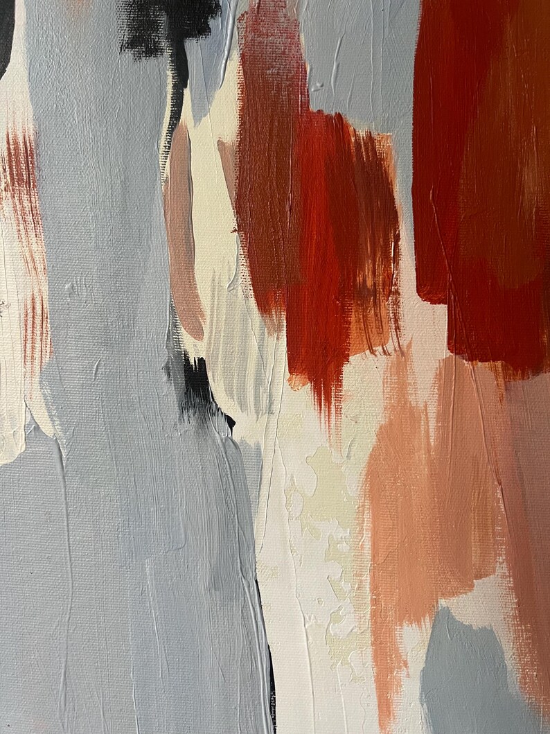 May include: An abstract painting on canvas featuring bold, vertical brushstrokes in shades of slate grey, deep terracotta red, soft cream, and muted peach. The textured paint application shows visible layering and varying opacity across the surface.