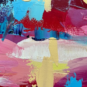 May include: Abstract painting with thick brushstrokes in shades of blue, red, pink, yellow, and white. The artwork features a textured surface with visible paint layers, creating a dynamic and colorful composition. The style is modern and expressive.