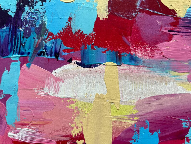 May include: Abstract painting with thick brushstrokes in shades of blue, red, pink, yellow, and white. The artwork features a textured surface with visible paint layers, creating a dynamic and colorful composition. The style is modern and expressive.