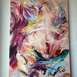 以下が含まれることがあります： ベージュの背景に抽象的な絵画。赤、紫、黄色、ティール、白の色合いでダイナミックな筆致が特徴です。スプラッターと渦巻きが動きとエネルギーを生み出し、モダンなインテリアに適しています。