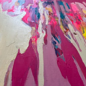 May include: Abstract painting with a textured, off-white background and vibrant splashes of pink, yellow, and blue. The artwork features a layered effect with visible brushstrokes, creating a dynamic and colorful composition.