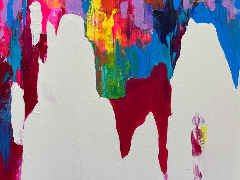 May include: Abstract artwork with a textured surface. The painting showcases a vibrant mix of colours, including white, red, blue, yellow, pink, and purple. The composition includes large white shapes against a backdrop of colourful brushstrokes.