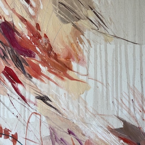 May include: Abstract painting with a palette of warm colors. The artwork features brushstrokes in shades of red, orange, and beige, with some darker accents. The background is a light, off-white color, and the overall style is expressive.