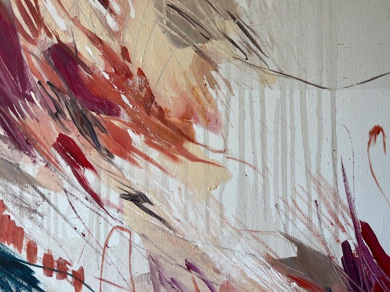 May include: Abstract painting with a palette of warm colors. The artwork features brushstrokes in shades of red, orange, and beige, with some darker accents. The background is a light, off-white color, and the overall style is expressive.
