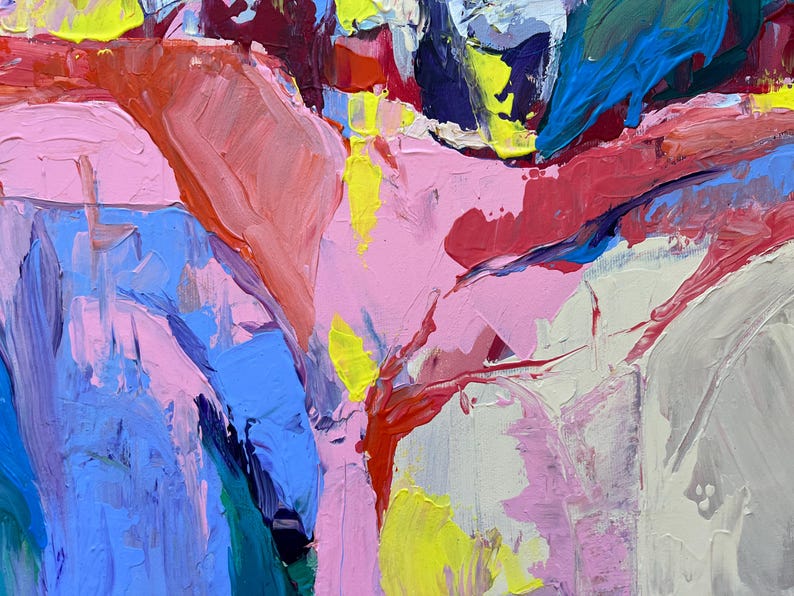 May include: Abstract artwork with bold brushstrokes in pink, blue, red, yellow, and white. The painting has a textured surface with visible layers of paint, creating a dynamic and expressive composition. The colours blend and contrast, forming an energetic visual experience.