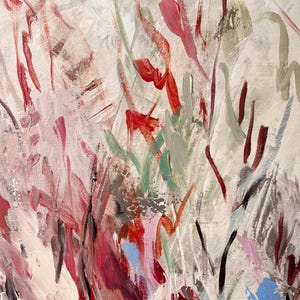 May include: An abstract painting on canvas featuring a textured composition of vertical brushstrokes in shades of deep red, soft pink, sage green, and light blue against a neutral beige background, showcasing layered paint application and visible canvas grain.