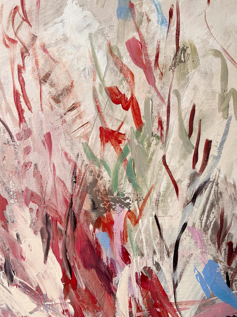 May include: An abstract painting on canvas featuring a textured composition of vertical brushstrokes in shades of deep red, soft pink, sage green, and light blue against a neutral beige background, showcasing layered paint application and visible canvas grain.