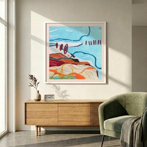 Gicléetryck med kustabstrakt landskap, blåorange akvarellmålning, strandhusdekor bild 5