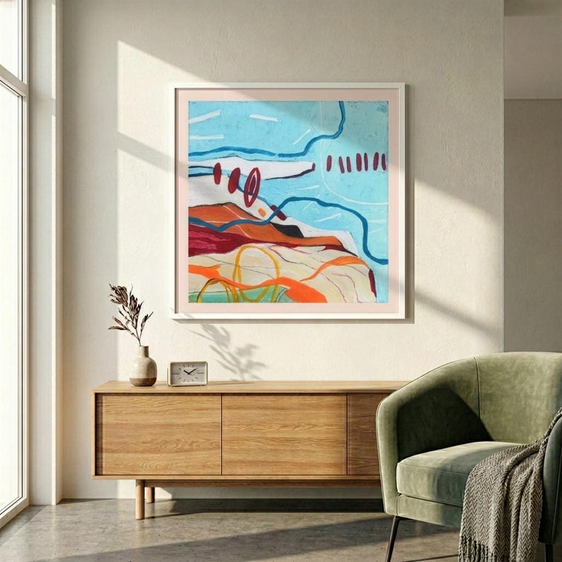 Gicléetryck med kustabstrakt landskap, blåorange akvarellmålning, strandhusdekor bild 5