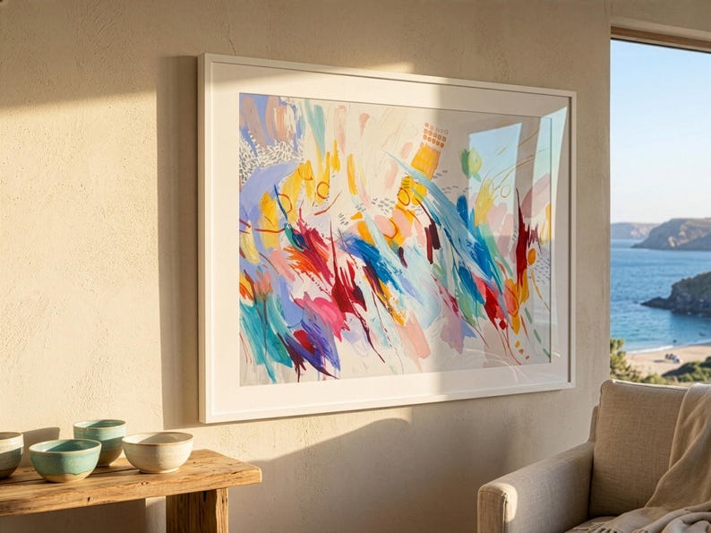 May include: A large rectangular framed wall art piece featuring an abstract composition with vibrant brushstrokes in shades of blue, red, yellow, and pink against a light cream background, displayed in a clean white frame on a textured wall.