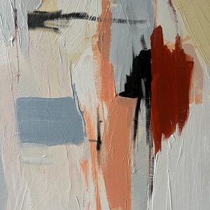 May include: An abstract painting on canvas featuring a textured composition of white, light grey, and cream tones. Bold vertical strokes of terracotta orange, a solid block of muted blue, and sharp black linear accents create a layered visual depth.