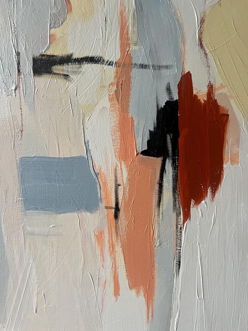 May include: An abstract painting on canvas featuring a textured composition of white, light grey, and cream tones. Bold vertical strokes of terracotta orange, a solid block of muted blue, and sharp black linear accents create a layered visual depth.