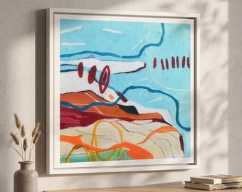 Puede incluir: Una pieza de arte mural cuadrada y enmarcada que presenta una composición abstracta con fondo azul claro, superpuesta con bandas horizontales de color blanco, rojo oscuro, naranja y crema. El diseño incluye líneas azules onduladas y marcas rojas.