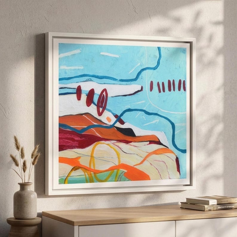 Gicléetryck med kustabstrakt landskap, blåorange akvarellmålning, strandhusdekor bild 1