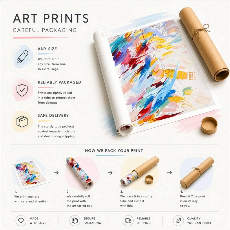 May include: An art print featuring abstract brushstrokes in blue, red, yellow, and pink, shown partially rolled and fully rolled inside a brown cardboard tube with a string tie. The image includes text explaining the packaging process for art prints.