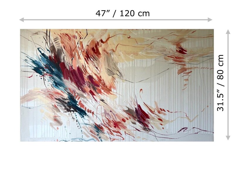 May include: Abstract painting on canvas, measuring 47 inches wide and 31.5 inches high. The artwork features a blend of colors, including blue, red, and beige, with dynamic brushstrokes and a textured appearance. The painting's style is modern and expressive.