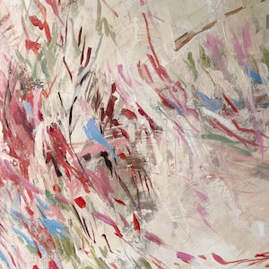 May include: An abstract painting on canvas featuring a textured, cream-colored background layered with dynamic, gestural brushstrokes in shades of crimson, soft pink, sage green, and light blue, creating a sense of movement across the surface.