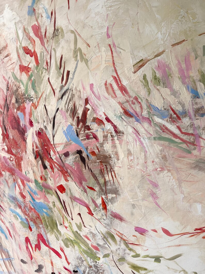 May include: An abstract painting on canvas featuring a textured, cream-colored background layered with dynamic, gestural brushstrokes in shades of crimson, soft pink, sage green, and light blue, creating a sense of movement across the surface.