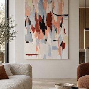 May include: A large rectangular canvas painting featuring abstract vertical brushstrokes in shades of peach, light blue, cream, deep red, and black. The artwork displays a textured application of paint with varied stroke lengths and overlapping colours.