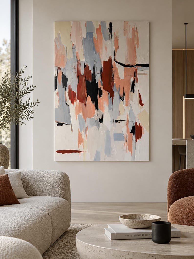 May include: A large rectangular canvas painting featuring abstract vertical brushstrokes in shades of peach, light blue, cream, deep red, and black. The artwork displays a textured application of paint with varied stroke lengths and overlapping colours.