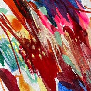 May include: An abstract painting on textured paper featuring bold, expressive brushstrokes in vibrant shades of red, deep burgundy, bright blue, sunny yellow, and soft mint green, with layered paint textures and dynamic, sweeping lines throughout.