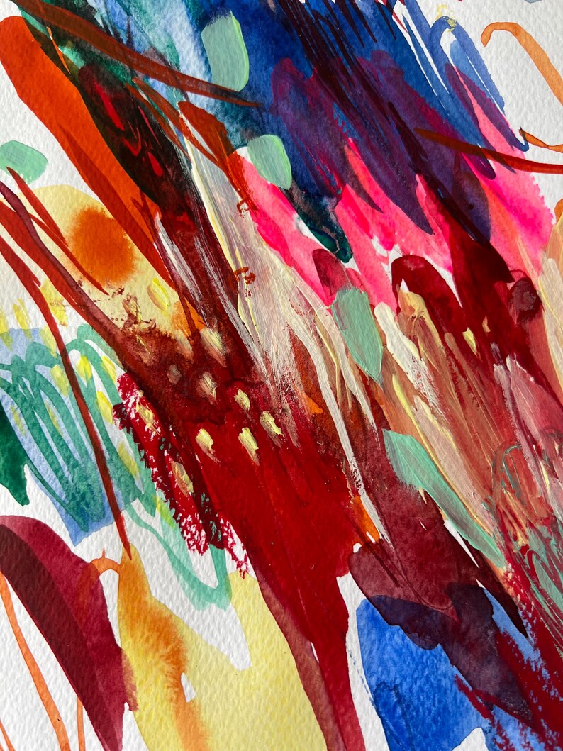 May include: An abstract painting on textured paper featuring bold, expressive brushstrokes in vibrant shades of red, deep burgundy, bright blue, sunny yellow, and soft mint green, with layered paint textures and dynamic, sweeping lines throughout.