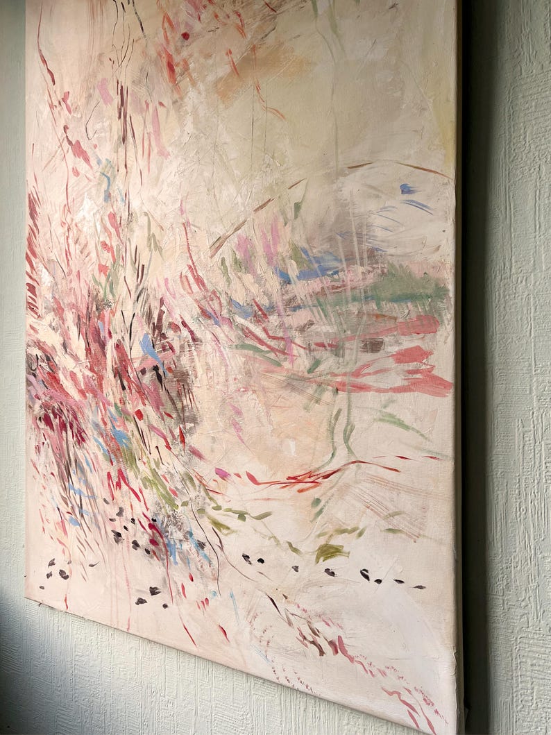 Original Abstract Acrylic Painting, Neutral Pink Red Textured Canvas (31.5 x 47.2 in) image 3