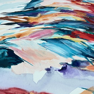 May include: Abstract painting with a dynamic composition of brushstrokes in various colors. The artwork features a blend of blues, reds, pinks, and oranges, creating a sense of movement and depth. The painting is on a white canvas.