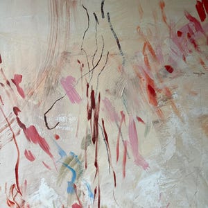 May include: An abstract painting on canvas featuring a light beige background with layered brushstrokes in shades of red, pink, and white. Thin, dark, vertical lines are drawn across the surface, intersecting with scattered paint marks.