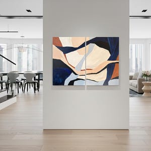 Abstract Diptych Painting, Beige Blue Minimalist Wall Art (60x90 cm) image 2