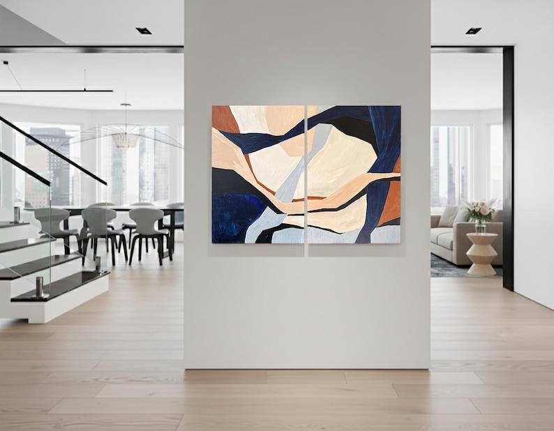 Abstract Diptych Painting, Beige Blue Minimalist Wall Art (60x90 cm) image 2