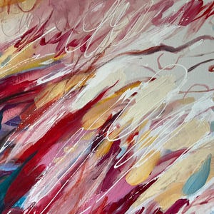 May include: Abstract painting with a dynamic composition. The artwork features bold brushstrokes in shades of red, pink, yellow, and blue, accented with white lines. The overall effect is energetic and colorful.