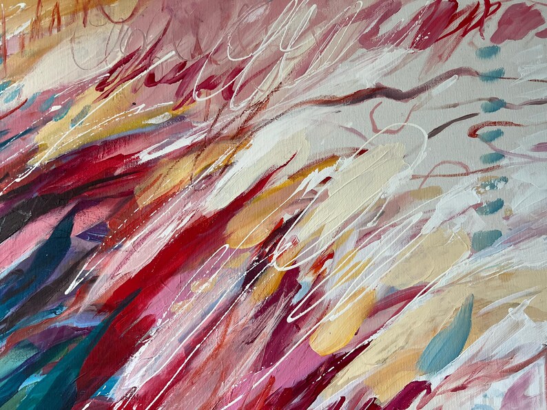 May include: Abstract painting with a dynamic composition. The artwork features bold brushstrokes in shades of red, pink, yellow, and blue, accented with white lines. The overall effect is energetic and colorful.