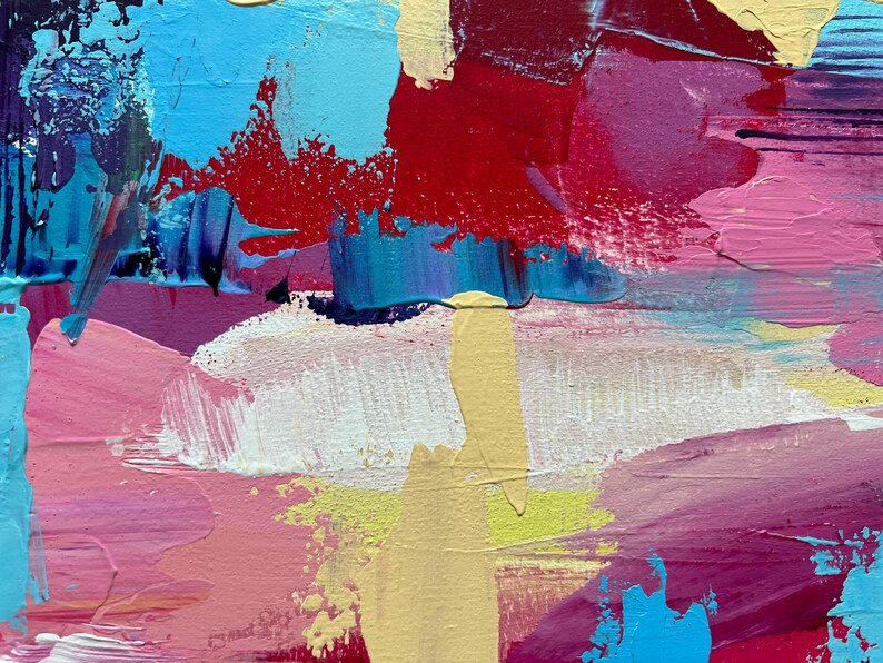May include: Abstract painting with thick brushstrokes in shades of blue, red, pink, and yellow. The artwork features a textured surface with visible paint layers, creating a dynamic and colorful composition. The style is reminiscent of expressionism.