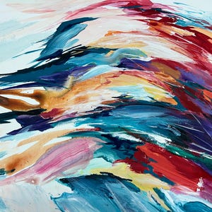 May include: Abstract painting with bold brushstrokes in a vibrant array of colors. The artwork features a dynamic composition with hues of red, blue, purple, orange, and pink. The textured surface creates a sense of movement and depth.