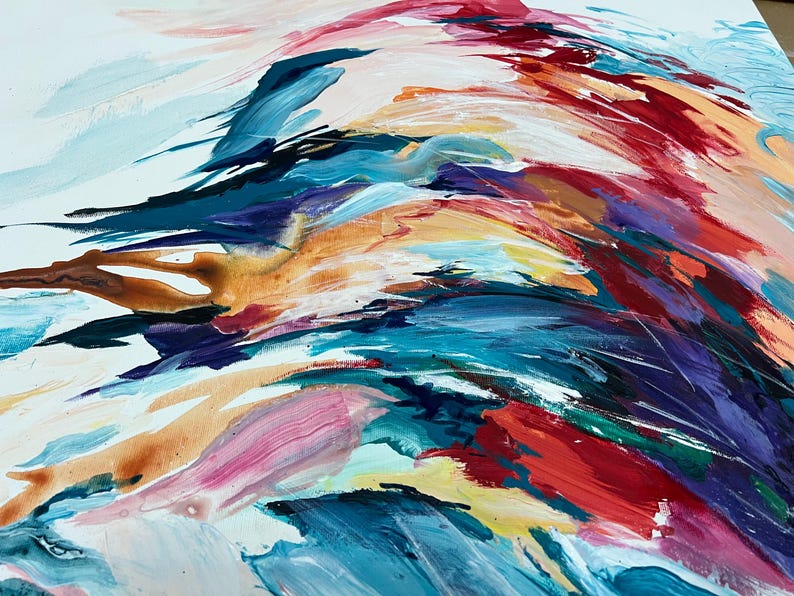 May include: Abstract painting with bold brushstrokes in a vibrant array of colors. The artwork features a dynamic composition with hues of red, blue, purple, orange, and pink. The textured surface creates a sense of movement and depth.