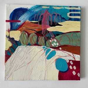 May include: Abstract landscape painting on canvas. The artwork features a textured white foreground with blue and red accents. The background includes a blue sky, yellow clouds, and green and orange hills. Pink and red tree-like shapes are also present.