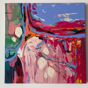May include: Abstract oil painting on canvas with a palette of pink, red, blue, and green. The artwork features thick brushstrokes and a textured surface. White, oval shapes are scattered across the canvas, adding contrast to the vibrant colors. The painting is mounted on a square canvas.