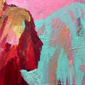 Puede incluir: Pintura abstracta con gruesas pinceladas en tonos rosa, rojo, amarillo y turquesa. La obra presenta una superficie texturizada con capas de pintura visibles, creando una composici&oacute;n din&aacute;mica y expresiva. La paleta de colores es vibrante y en&eacute;rgica.