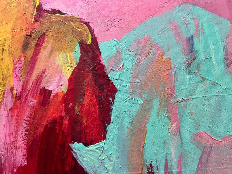 Puede incluir: Pintura abstracta con gruesas pinceladas en tonos rosa, rojo, amarillo y turquesa. La obra presenta una superficie texturizada con capas de pintura visibles, creando una composici&oacute;n din&aacute;mica y expresiva. La paleta de colores es vibrante y en&eacute;rgica.