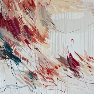 May include: Abstract painting with dynamic brushstrokes in shades of red, blue, and beige. The artwork features a mix of thick, textured strokes and delicate lines, creating a sense of movement and depth. The background is a soft, off-white color.