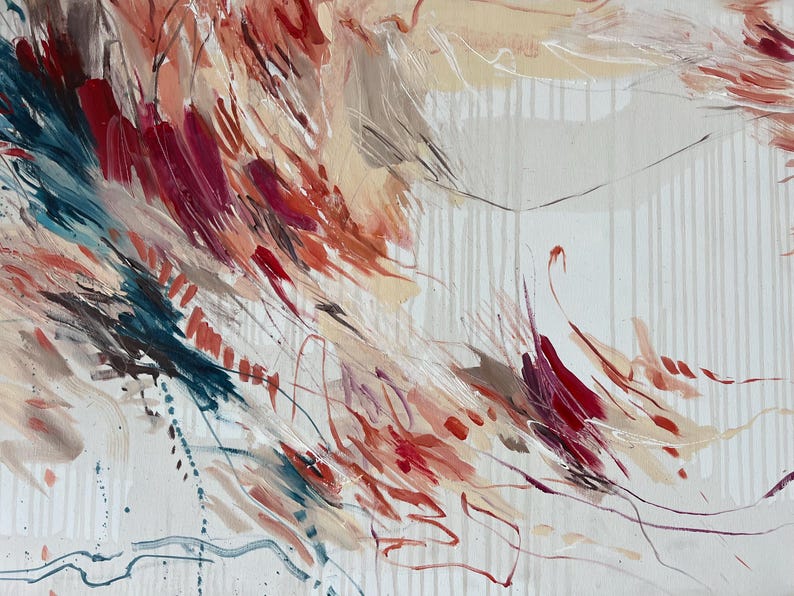 May include: Abstract painting with dynamic brushstrokes in shades of red, blue, and beige. The artwork features a mix of thick, textured strokes and delicate lines, creating a sense of movement and depth. The background is a soft, off-white color.